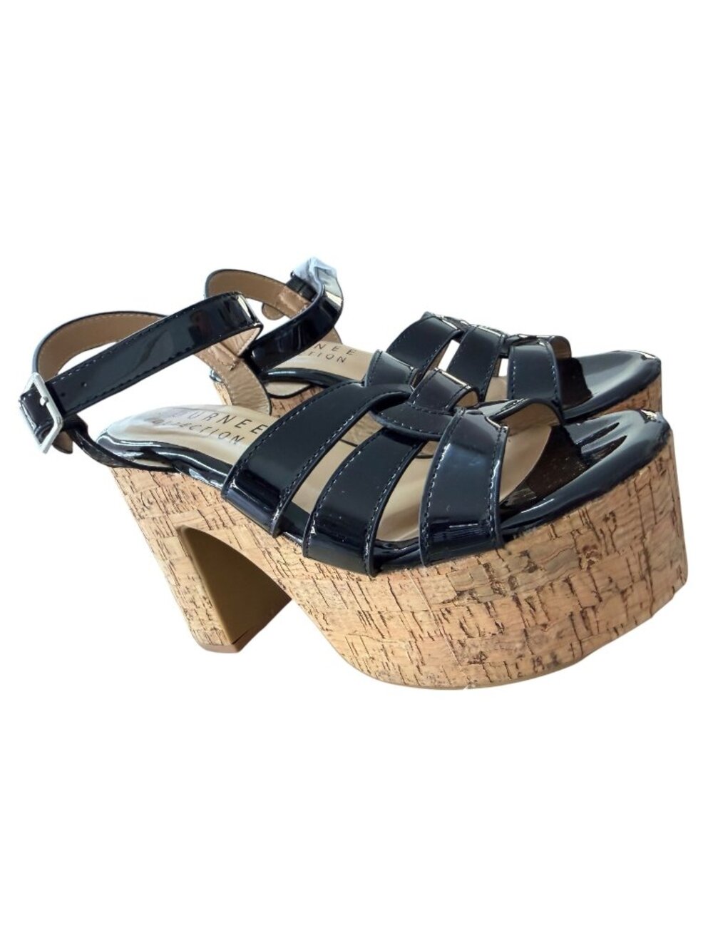 Journee Collection Black Patent Leather Platform Cork Heel Sandals Size 6